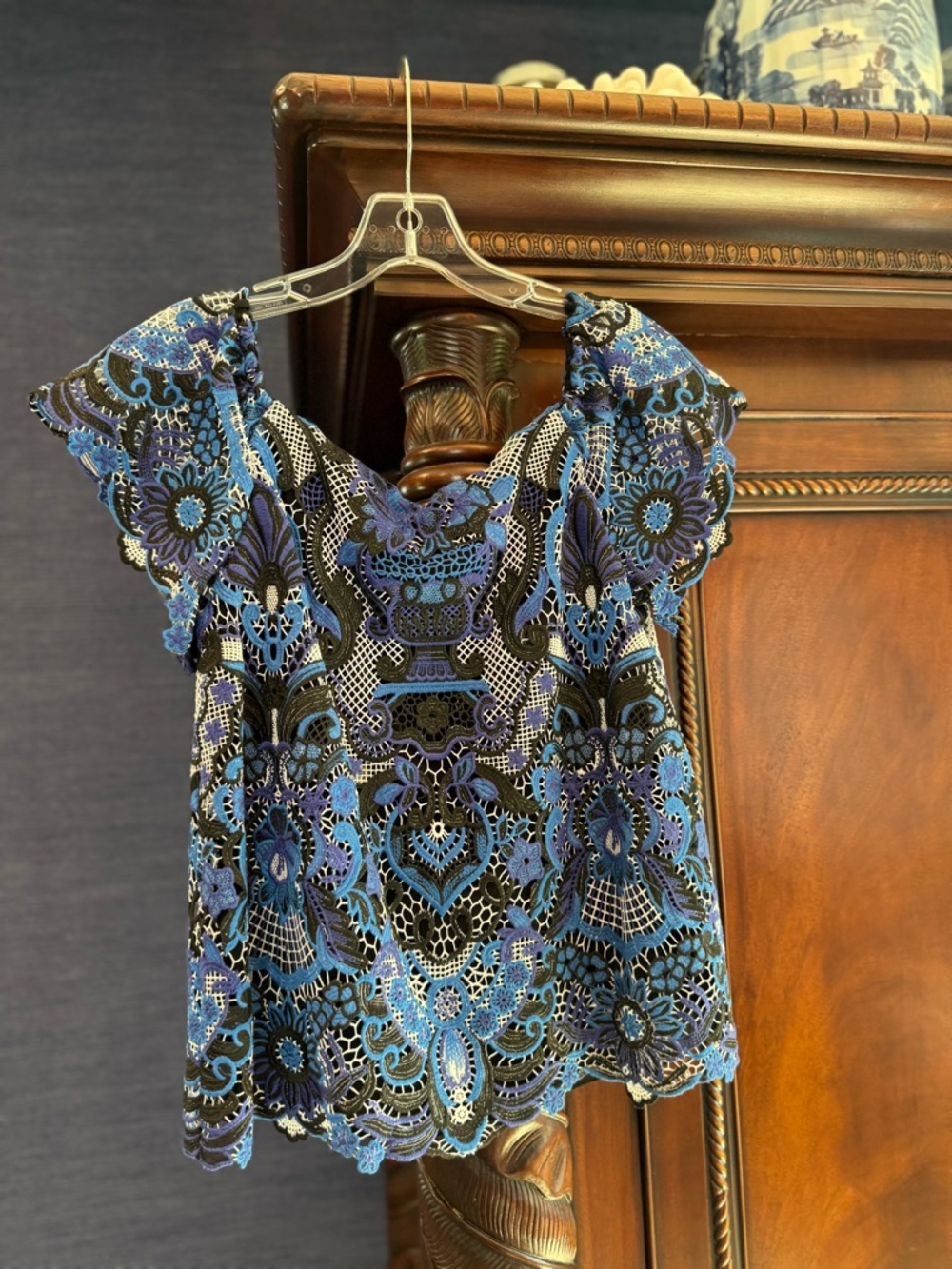 Alice + Olivia Blue and Black Floral Lace Blouse